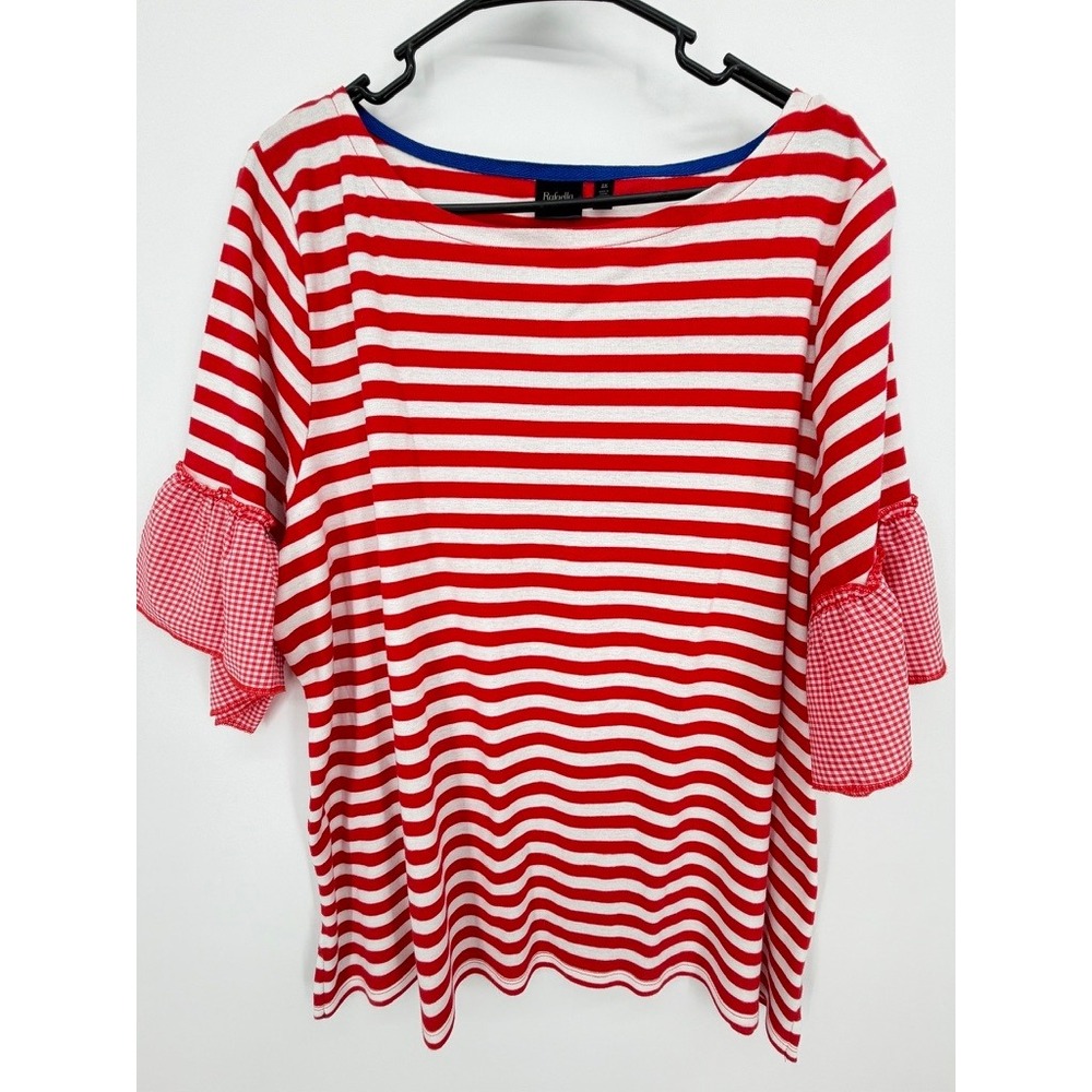 Rafaella Weekend Women's 2X Red White Stripe Gingham Bell Sleeve Top NWT
